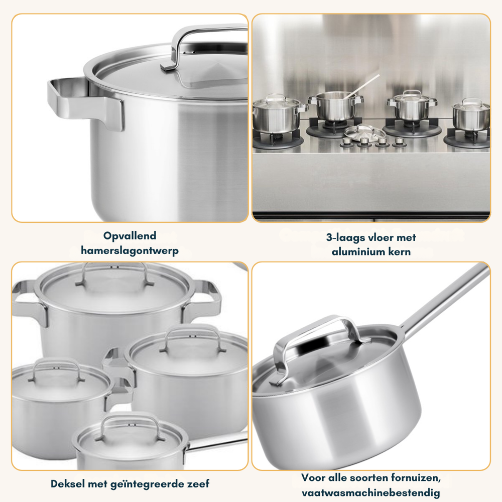 Sola Pannenset Ruby 4-Delig Premium Triply RVS - Kookpan ø 16, 18, 20 cm & Steelpan ø 16 cm - Inductie geschikt