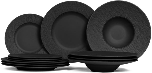 Villeroy & Boch Serviesset Manufacture Rock - Zwart 12-delig / 4 personen - 4 dinerborden, 4 ontbijtborden & 4 pastaborden