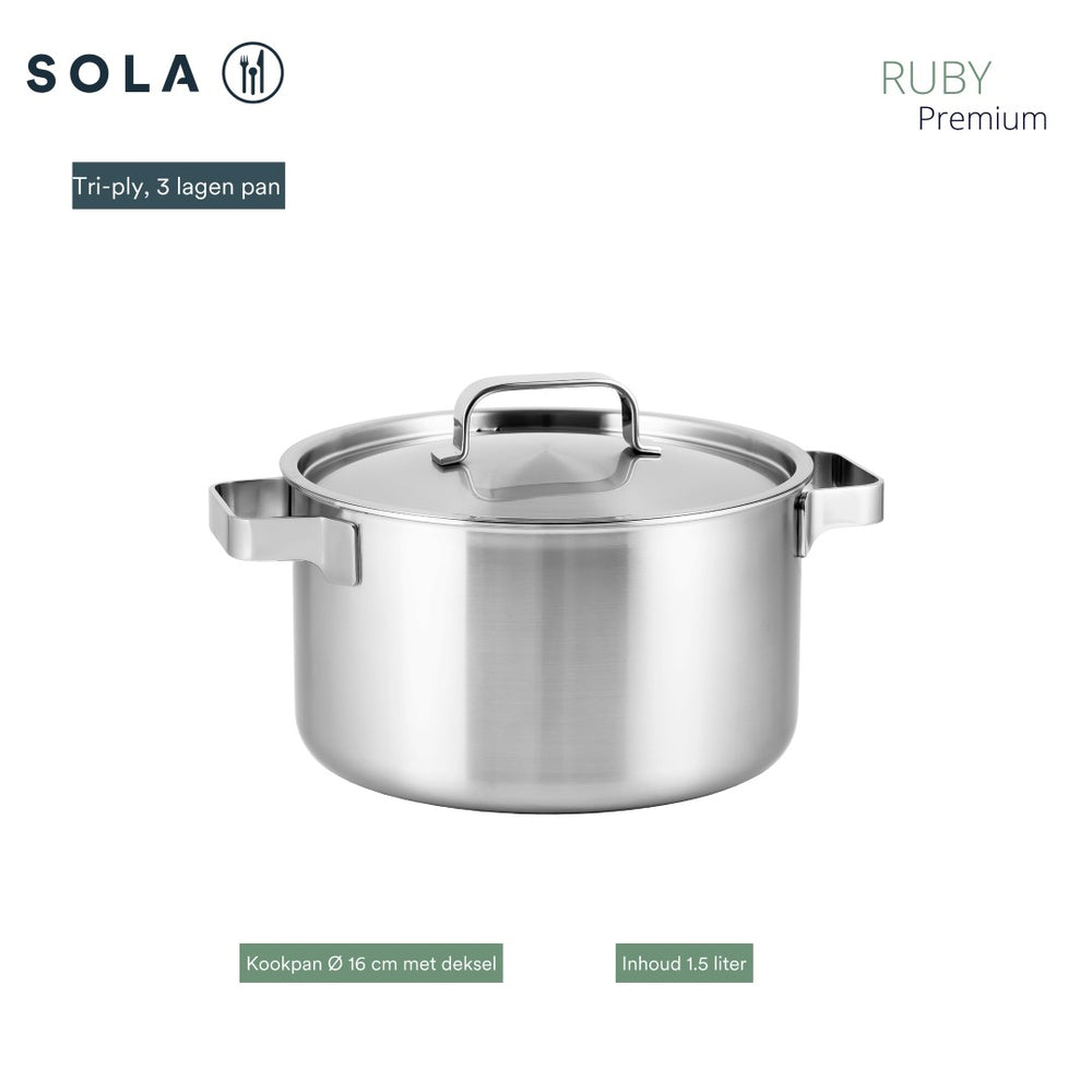 Sola Pannenset Ruby 4-Delig Premium Triply RVS - Kookpan ø 16, 18, 20 cm & Steelpan ø 16 cm - Inductie geschikt