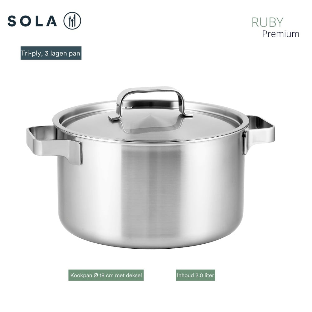 Sola Pannenset Ruby 4-Delig Premium Triply RVS - Kookpan ø 16, 18, 20 cm & Steelpan ø 16 cm - Inductie geschikt