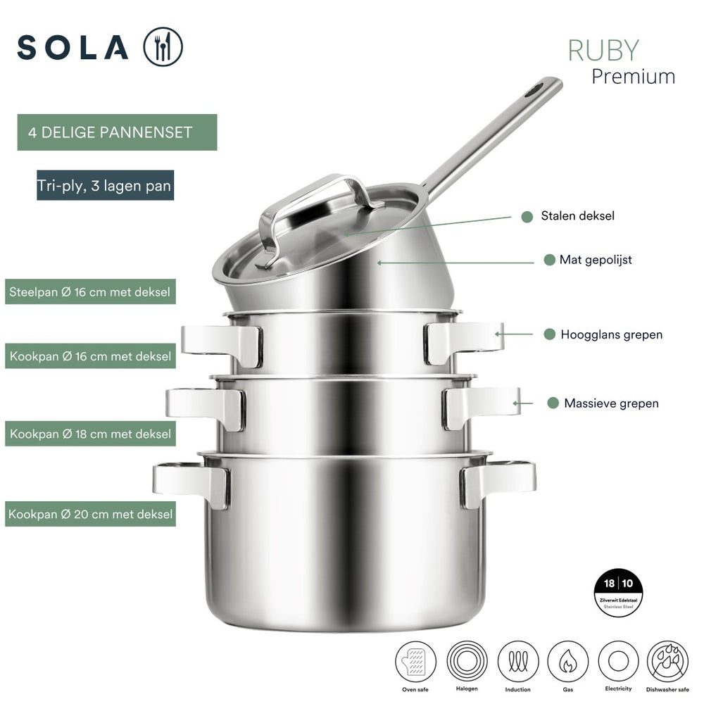 Sola Pannenset Ruby 4-Delig Premium Triply RVS - Kookpan ø 16, 18, 20 cm & Steelpan ø 16 cm - Inductie geschikt