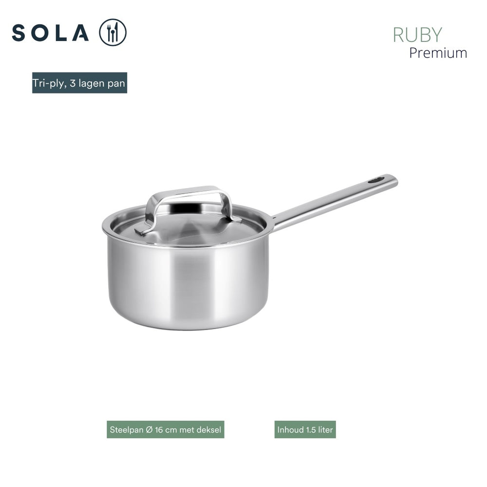 Sola Pannenset Ruby 4-Delig Premium Triply RVS - Kookpan ø 16, 18, 20 cm & Steelpan ø 16 cm - Inductie geschikt