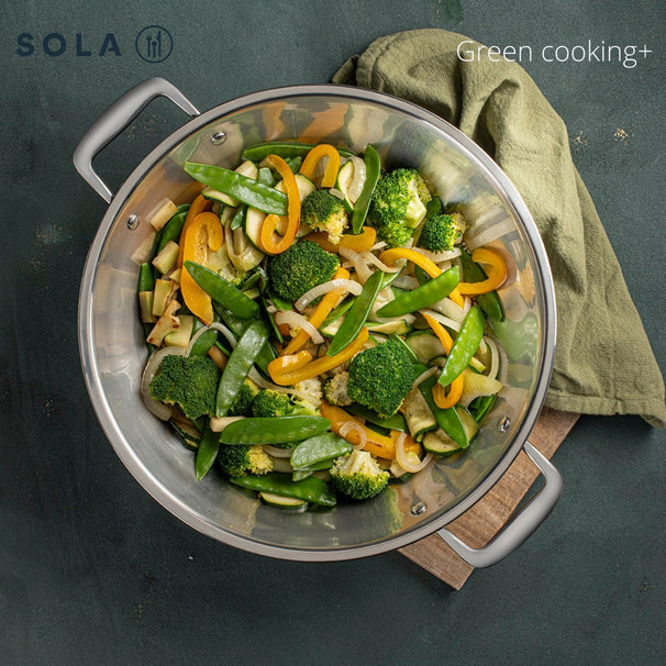 Sola Wokpan met deksel Green Cooking+ Triply RVS ø 32 cm - geschikt voor alle warmtebronnen - zonder anti-aanbaklaag