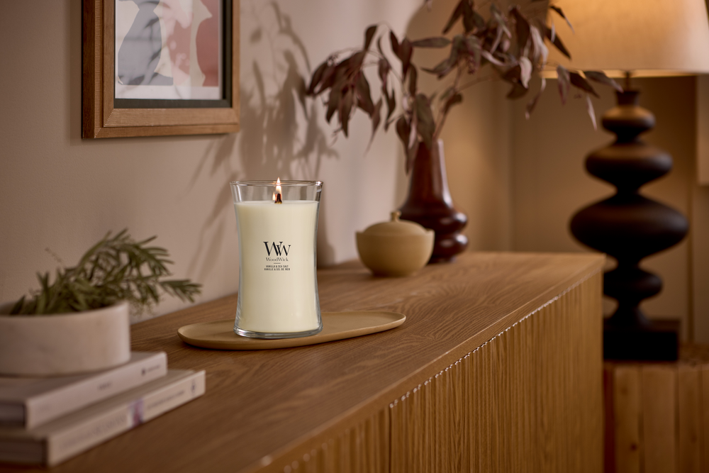 WoodWick Geurkaars Large Vanilla & Sea Salt - 18 cm / ø 10 cm - Geurkaars in Glas - Houten Lont