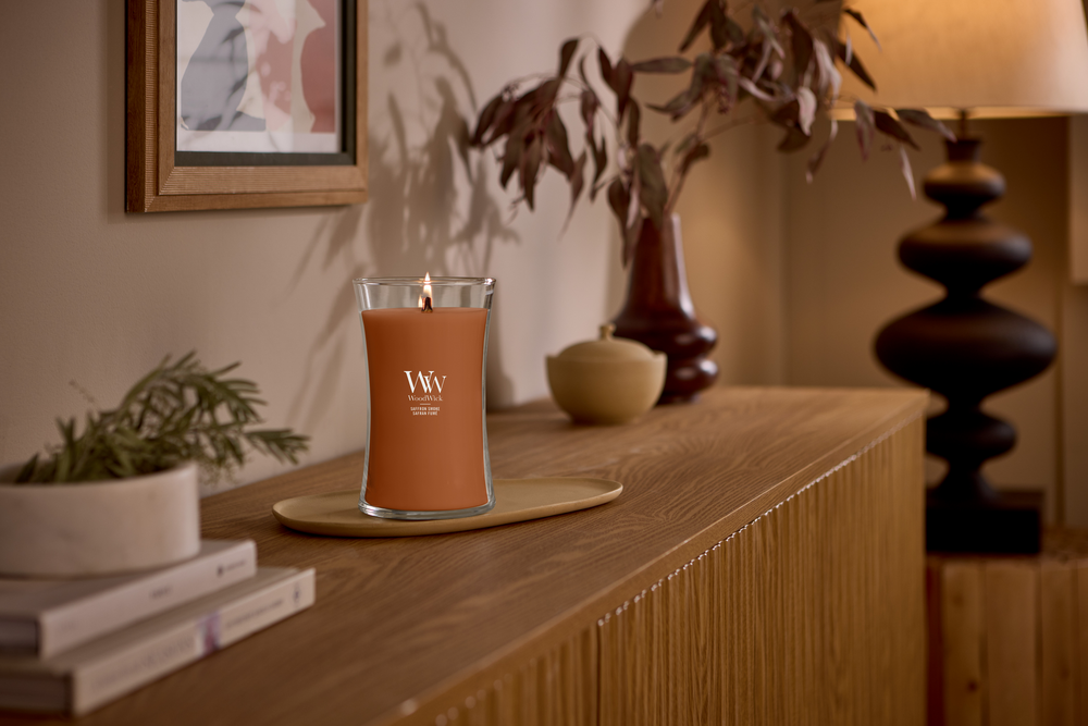 WoodWick Geurkaars Large Saffron Smoke - 18 cm / ø 10 cm - Geurkaars in Glas - Houten Lont