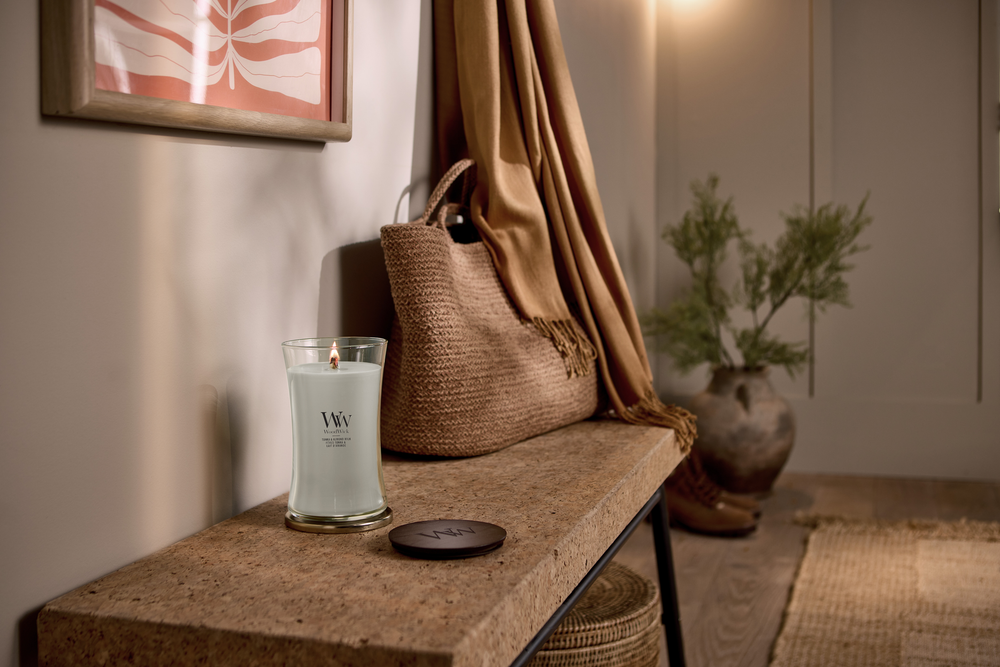 WoodWick Geurkaars Large Tonka & Almond Milk - 18 cm / ø 10 cm - Geurkaars in Glas - Houten Lont