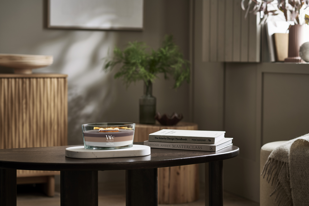 WoodWick Geurkaars Ellipse Trilogy Radiant Cashmere - 9 cm / 19 cm - Geurkaars in Glas - Houten Lont