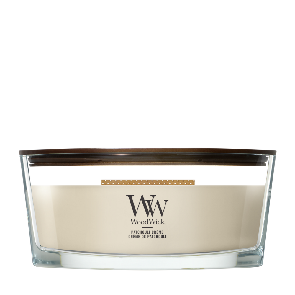 WoodWick Geurkaars Ellipse Patchouli Crème - 9 cm / 19 cm - Geurkaars in Glas - Houten Lont