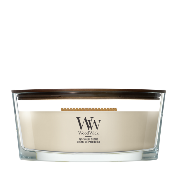 WoodWick Geurkaars Ellipse Patchouli Crème - 9 cm / 19 cm - Geurkaars in Glas - Houten Lont