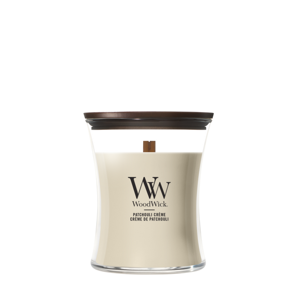 WoodWick Geurkaars Medium Patchouli Crème - 11 cm / ø 10 cm - Geurkaars in Glas - Houten Lont