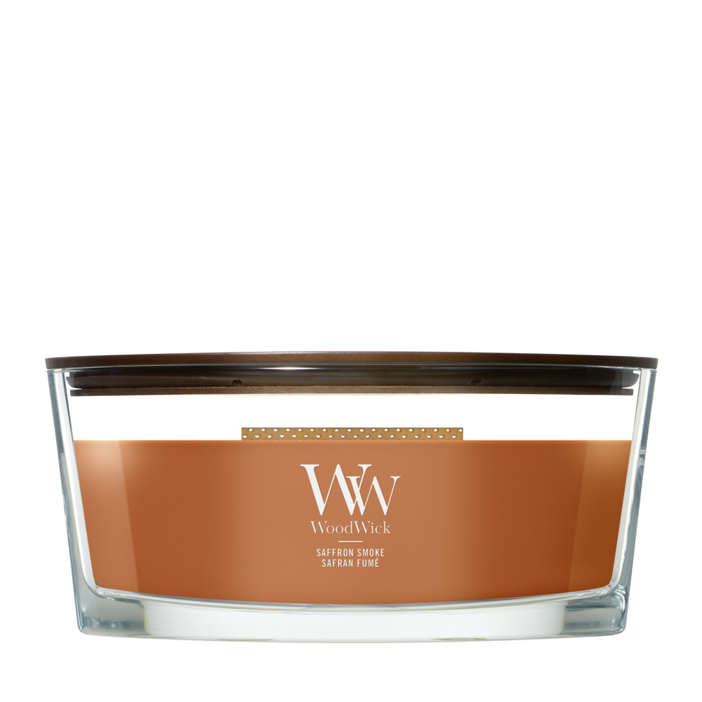 WoodWick Geurkaars Ellipse Saffron Smoke - 9 cm / 19 cm - Geurkaars in Glas - Houten Lont