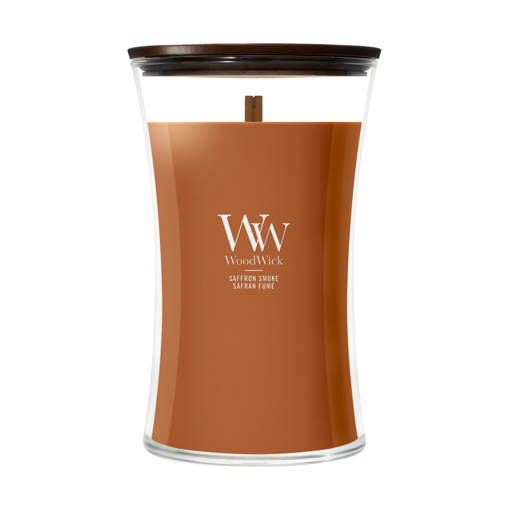 WoodWick Geurkaars Large Saffron Smoke - 18 cm / ø 10 cm - Geurkaars in Glas - Houten Lont