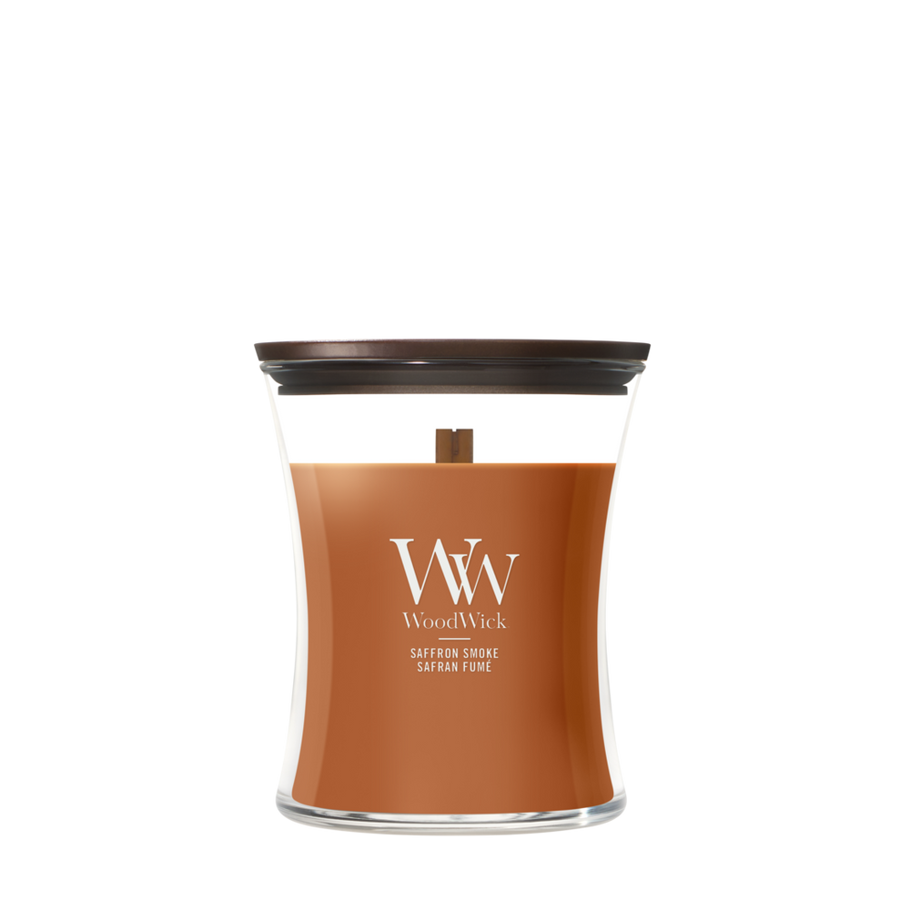 WoodWick Geurkaars Medium Saffron Smoke - 11 cm / ø 10 cm - Geurkaars in Glas - Houten Lont