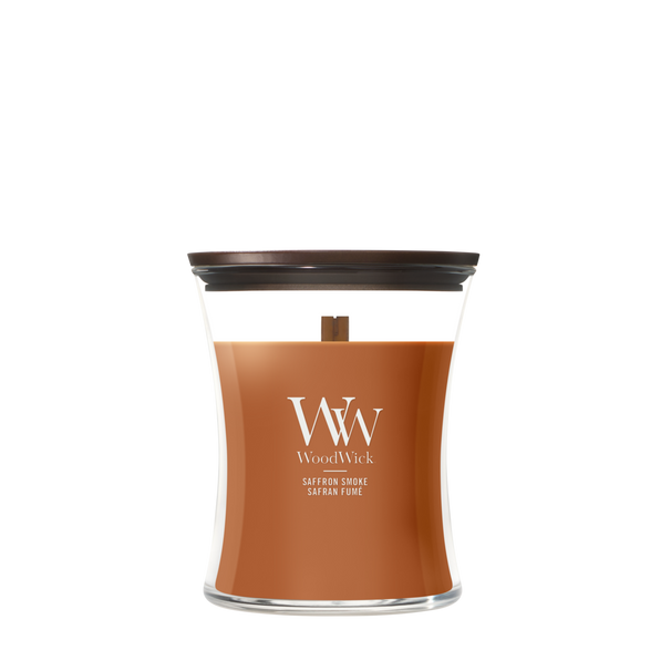 WoodWick Geurkaars Medium Saffron Smoke - 11 cm / ø 10 cm - Geurkaars in Glas - Houten Lont