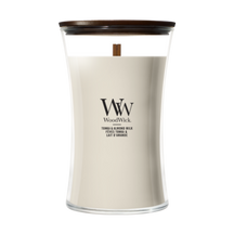 WoodWick Geurkaars Large Tonka & Almond Milk - 18 cm / ø 10 cm - Geurkaars in Glas - Houten Lont