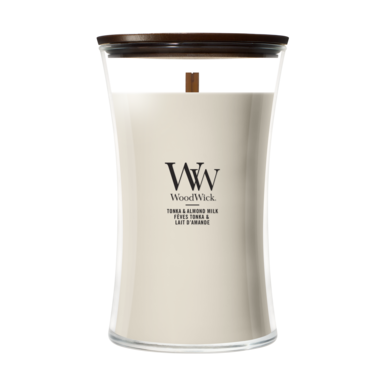 WoodWick Geurkaars Large Tonka & Almond Milk - 18 cm / ø 10 cm - Geurkaars in Glas - Houten Lont