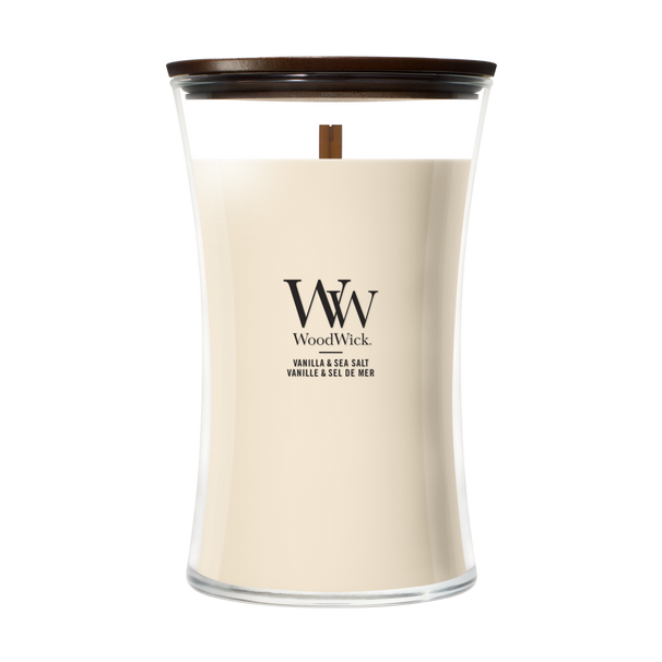 WoodWick Geurkaars Large Vanilla & Sea Salt - 18 cm / ø 10 cm - Geurkaars in Glas - Houten Lont