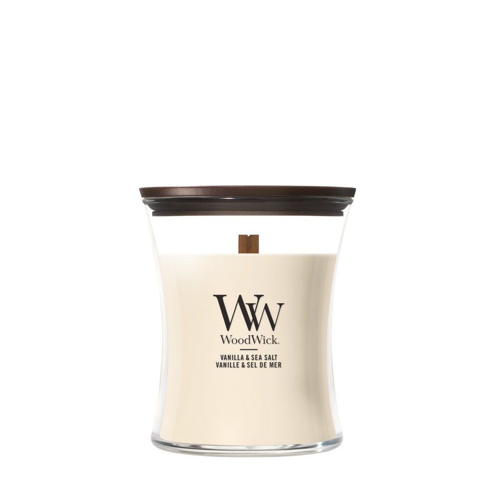 WoodWick Geurkaars Medium Vanilla & Sea Salt - 11 cm / ø 10 cm - Geurkaars in Glas - Houten Lont
