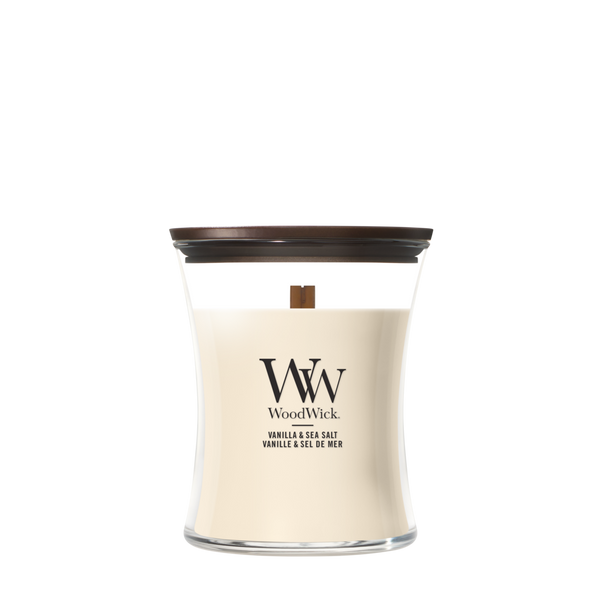 WoodWick Geurkaars Medium Vanilla & Sea Salt - 11 cm / ø 10 cm - Geurkaars in Glas - Houten Lont