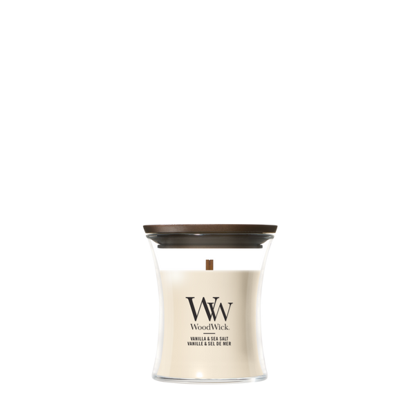 WoodWick Geurkaars Mini Vanilla & Sea Salt - 8 cm / ø 7 cm - Geurkaars in Glas - Houten Lont
