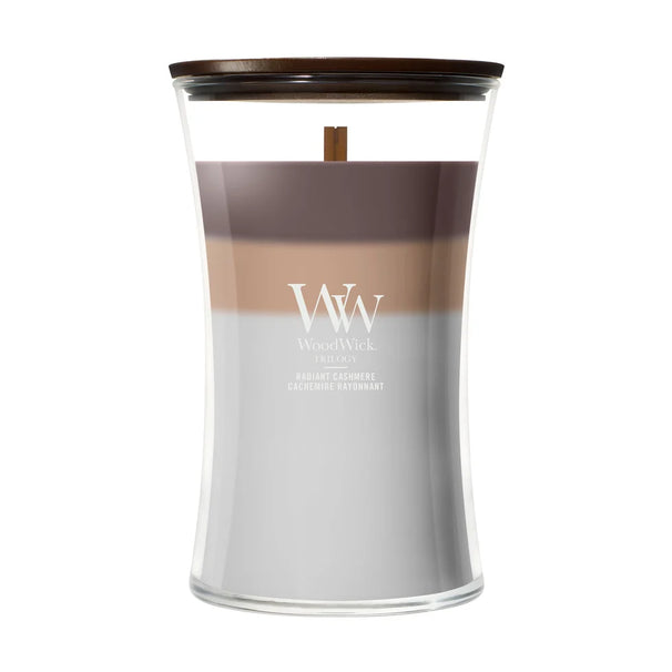 WoodWick Geurkaars Large Trilogy Radiant Cashmere - 18 cm / ø 10 cm - Geurkaars in Glas - Houten Lont