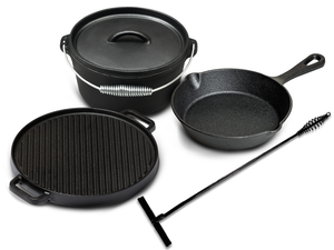 Blackwell Dutch Oven BBQ Gietijzer Set 4-Delig - Braadpan + Lifter, Koekenpan ø 20 cm & Grillplaat ø 30 cm - geschikt voor alle warmtebronnen - zonder anti-aanbaklaag