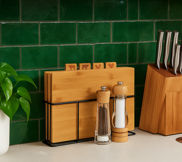 Cookinglife Snijplankenset Bamboe met houder 5-delig