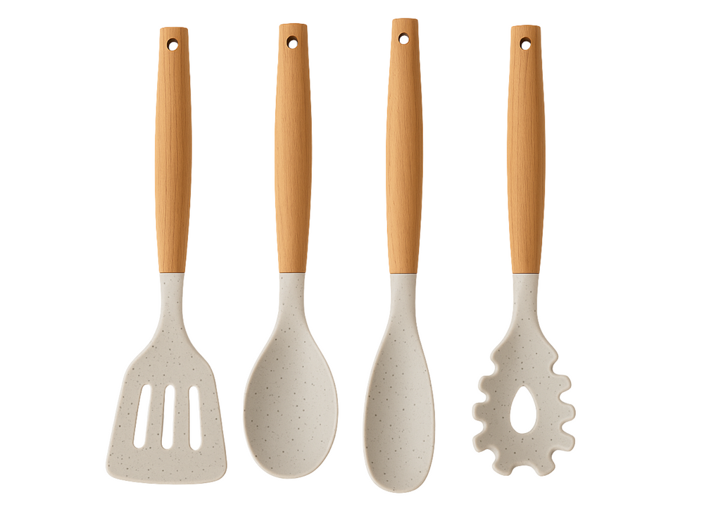 Cookinglife Keukengerei set - Kookgerei set - hout beige 4 delig - Bakspaan, opscheplepel, saladelepel & spaghettilepel