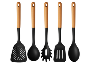 Cookinglife Keukengerei set - Kookgerei set - hout zwart 5 delig - Schuimspaan, soeplepel, spaghettilepel, bakspaan & opscheplepel