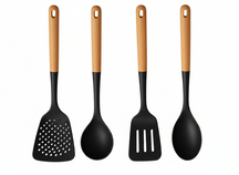 Cookinglife Keukengerei set - Kookgerei set - hout zwart 4 delig - Schuimspaan, soeplepel, bakspaan & opscheplepel