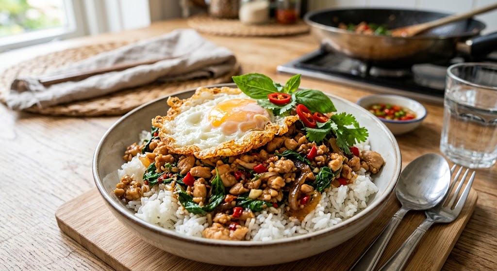 Snelle roerbak met kip, basilicum en een vurige saus
