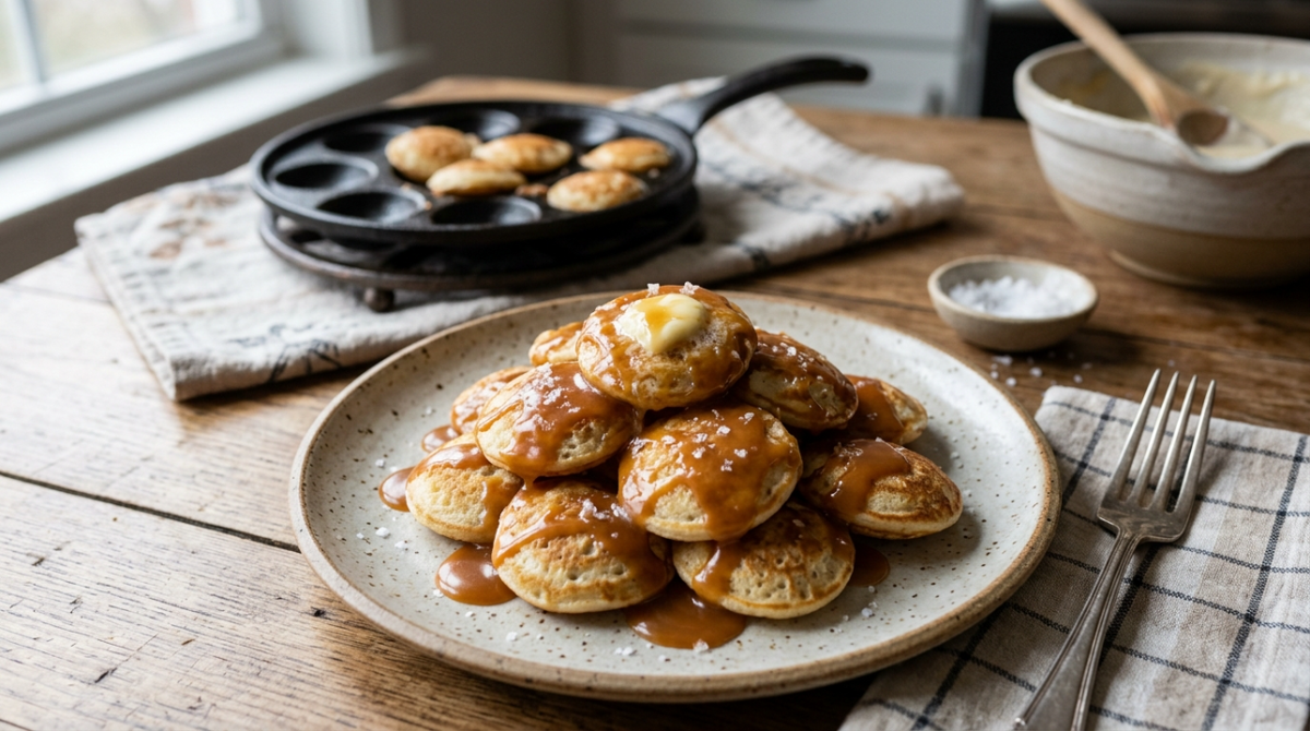 Luchtige poffertjes met een rijke, zelfgemaakte gezouten karamel saus
