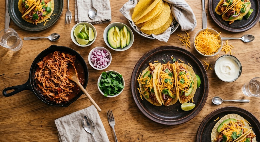 Sappige pulled chicken, knapperige toppings en zelfgemaakte taco's voor een echte fiestatavond.