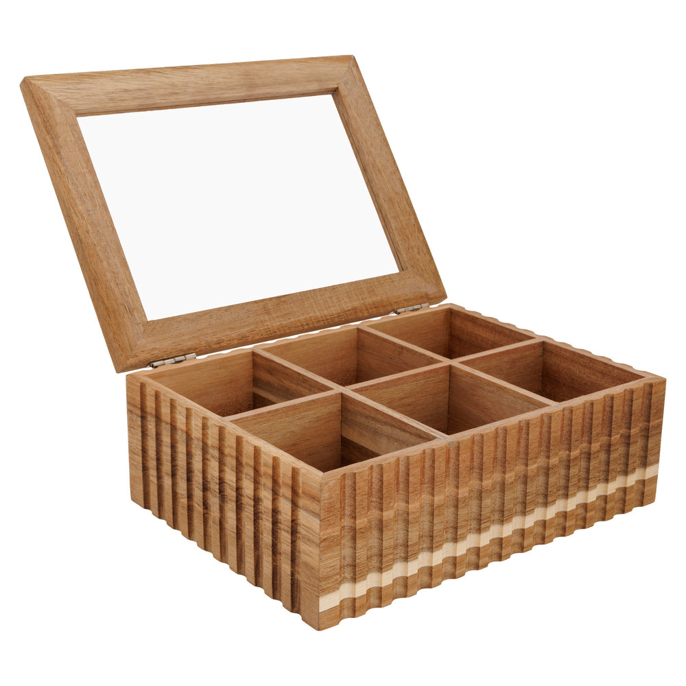 Cosy & Trendy Theedoos - Theekist - Acaciahout - 6 vakken - met Venster - 21 x 17 x 7.5 cm - open