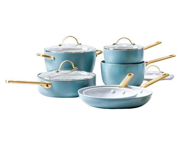 GreenPan Pannenset Padova Reserve Smokey Blue 6-delig - Kookpan ø 24 cm, Steelpan ø 18, 20 cm, Koekenpan ø 20, 28 cm & Hapjespan ø 24 cm  - Keramische anti-aanbaklaag
