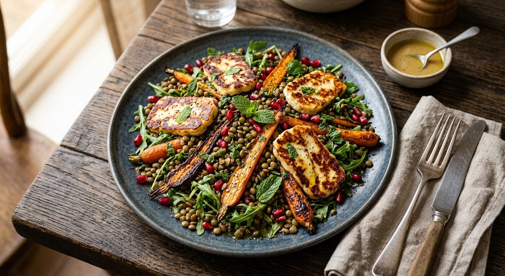 Krokant gebakken halloumi, geblakerde wortel en lauwwarme linzen op één bord.