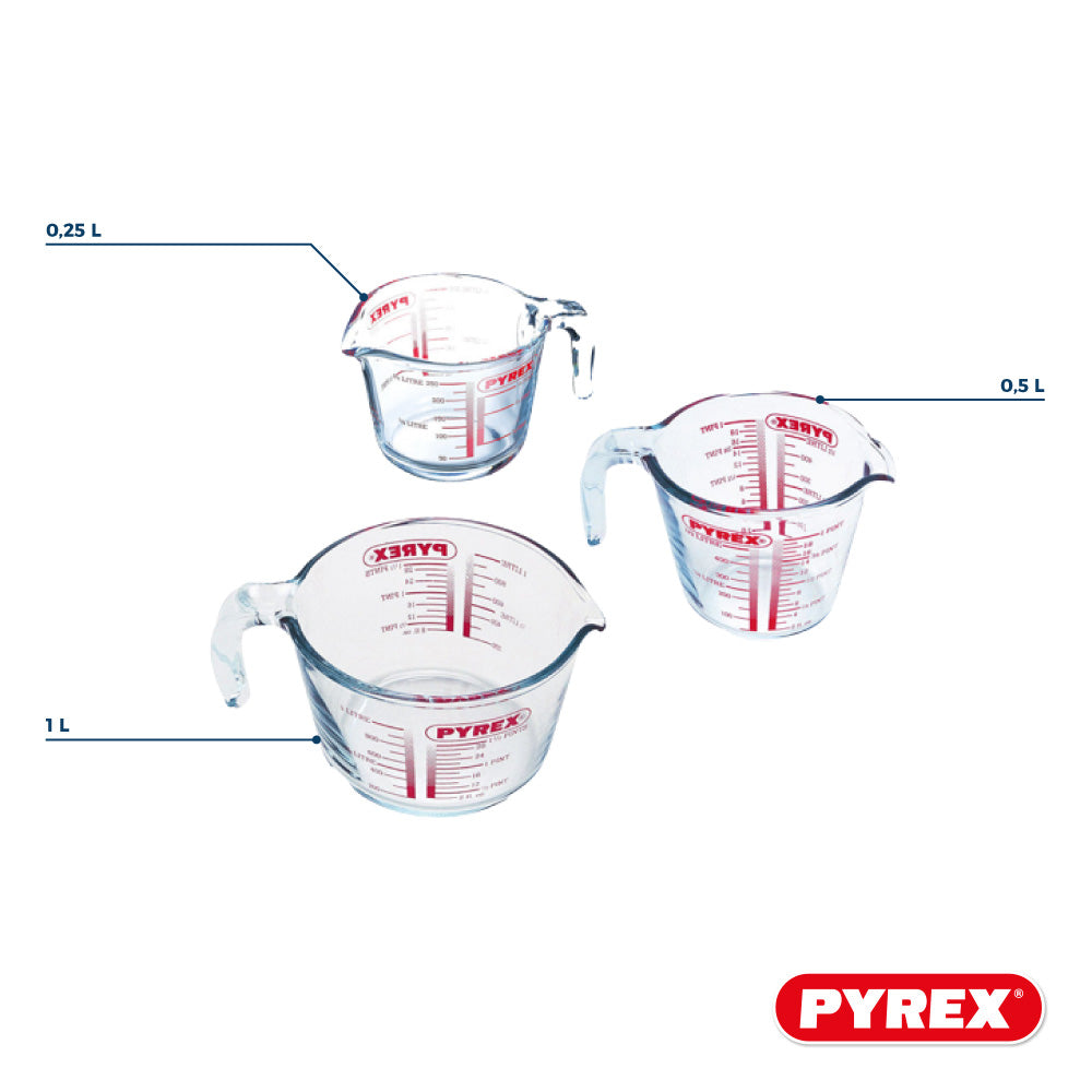 Pyrex Glazen Maatbeker Set Iconics' 3-Delig - 250 ml, 500 ml & 1 Liter