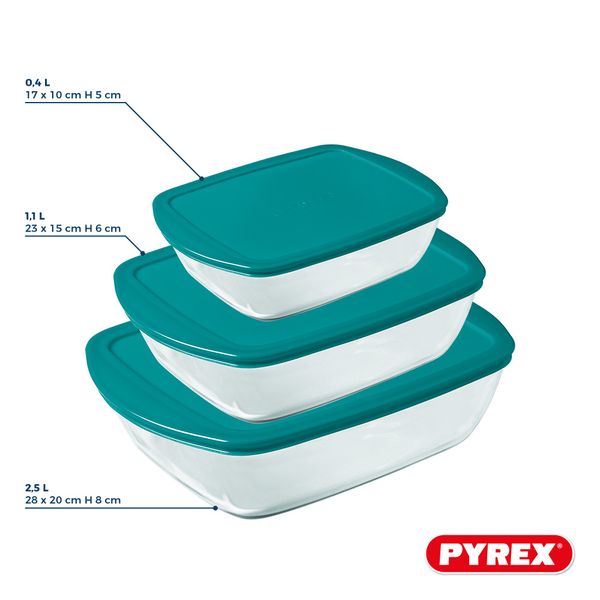 Pyrex Glazen Ovenschaalset met deksel Cook & Store 3-delig - 400 ml, 1.1 Liter & 2.5 Liter
