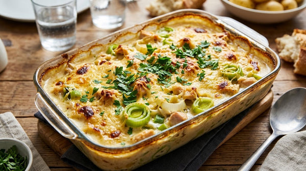 Kip-prei ovenschotel met romige saus