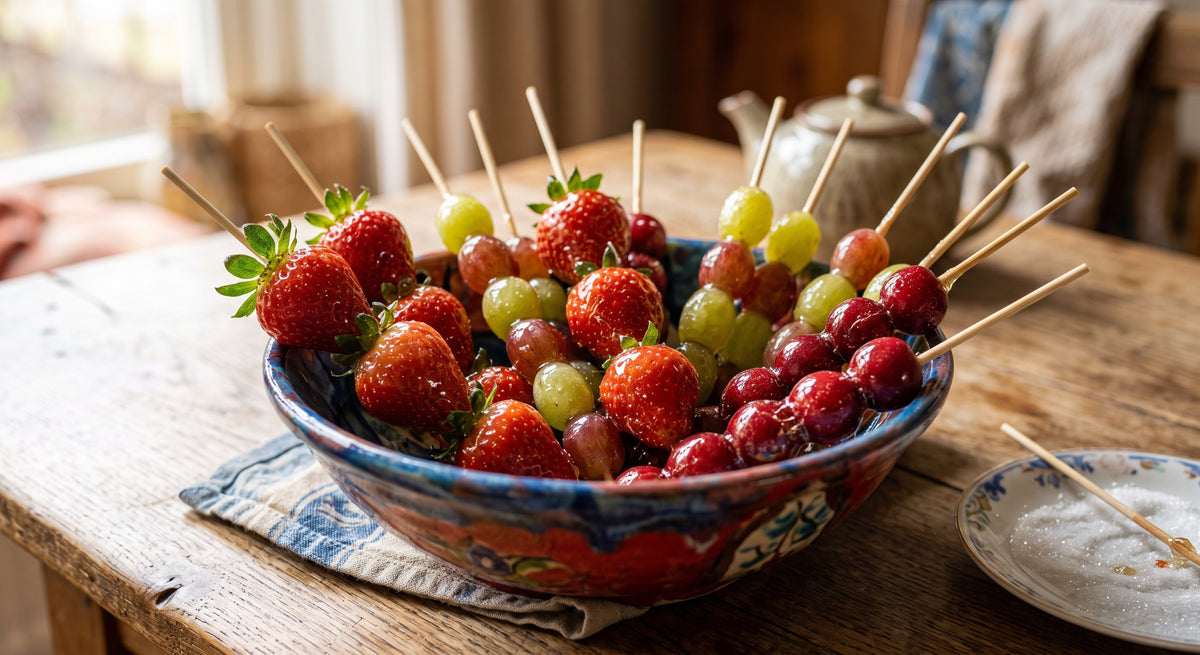 Knapperige gekarameliseerde fruit aan een stokje