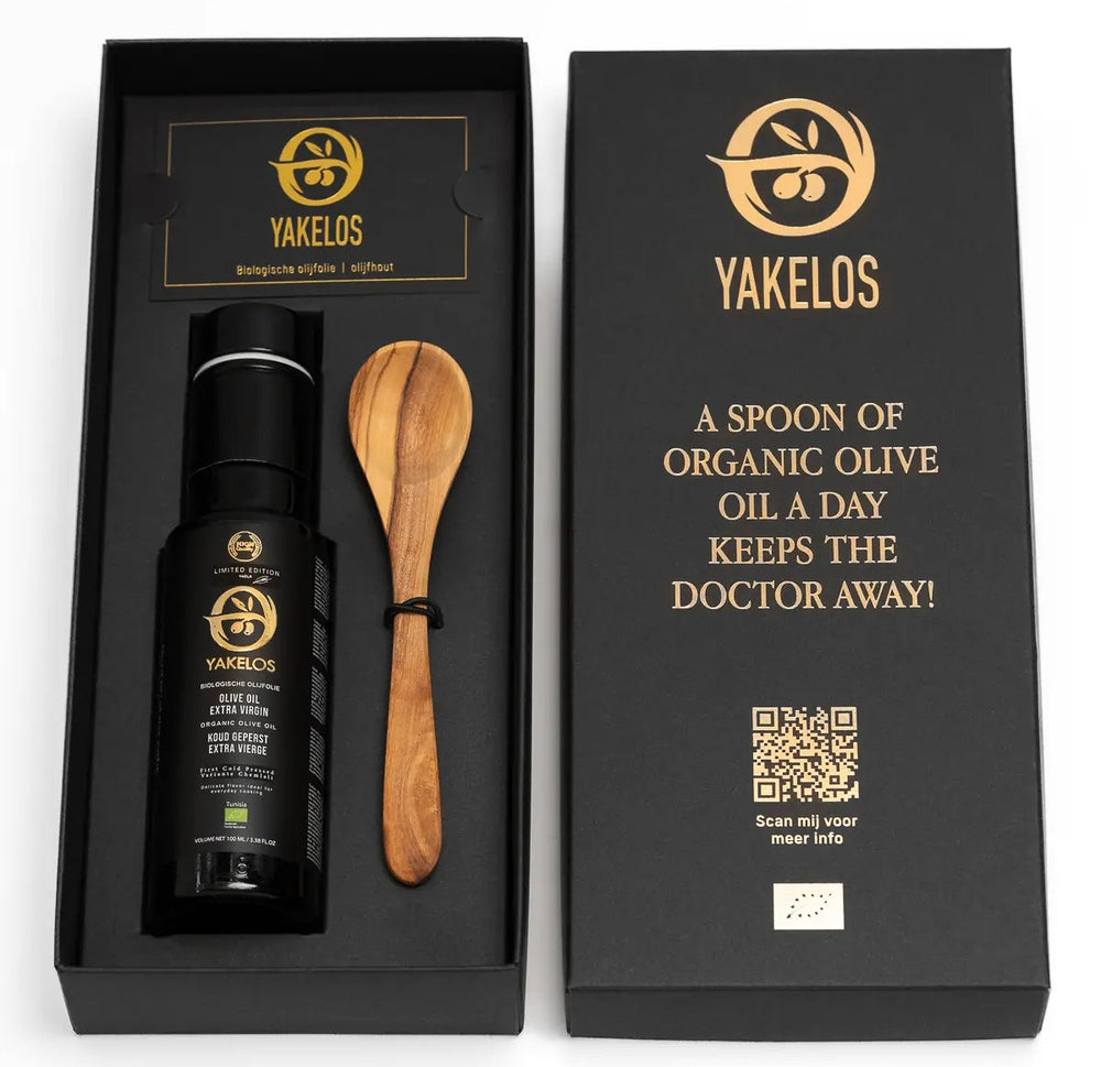 Yakelos Biologische Extra Vierge Olijfolie - Proefpakket 100 ml met olijfhouten lepel